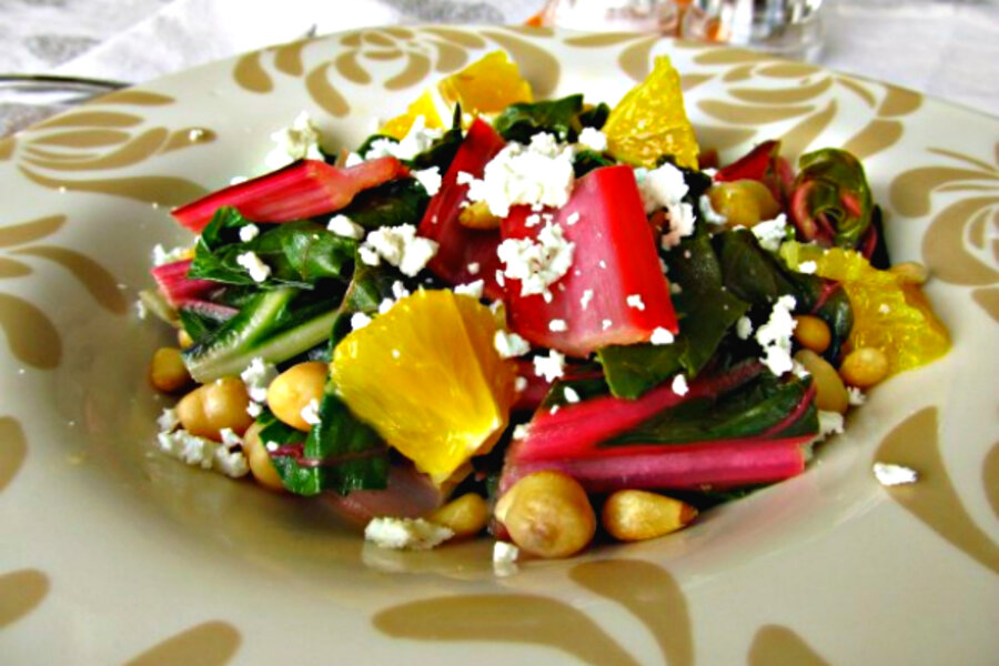 Wilted swiss chard with pine nuts and oranges